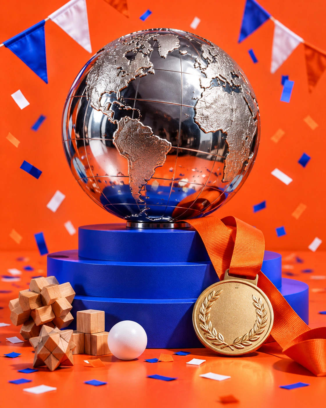 Opening-ceremony concept: a gleaming chrome globe, gold medal, blue podium, colorful pennants and puzzle pieces